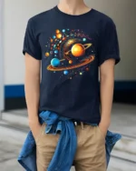 Solar System Vortex Galaxy Print T-Shirt Cosmic Cotton - model wearing navy shirt, hands in pockets