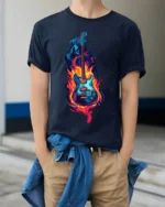 Electric Guitar on Fire Graphic T-Shirt Rock Music - model wearing navy shirt, hands in pockets