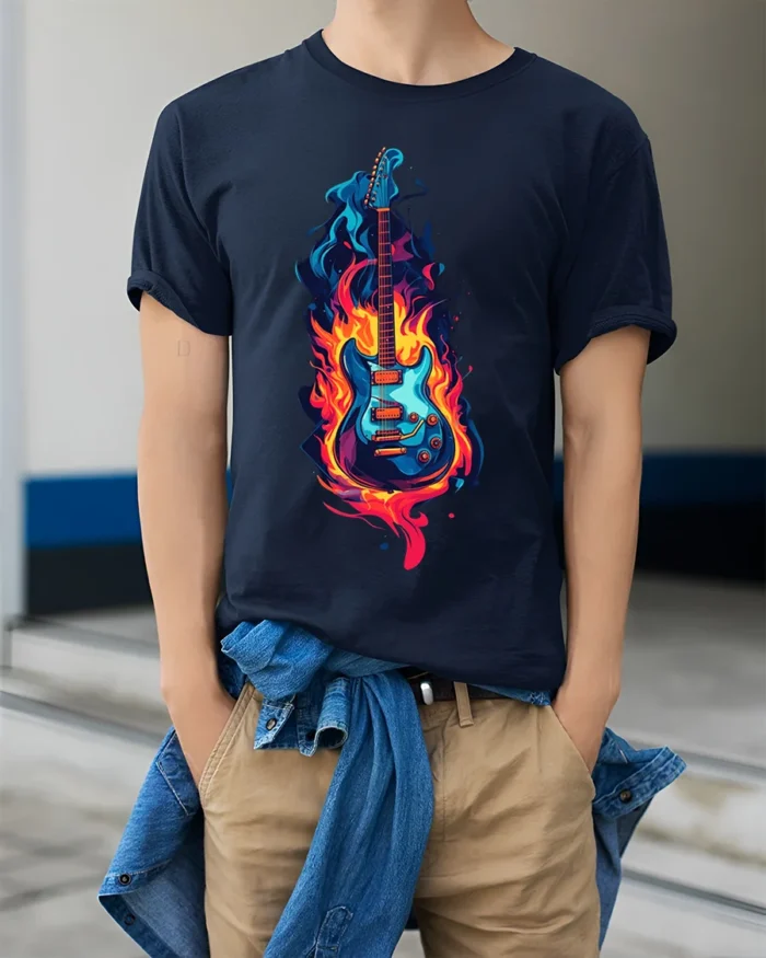 Electric Guitar on Fire Graphic T-Shirt Rock Music - model wearing navy shirt, hands in pockets