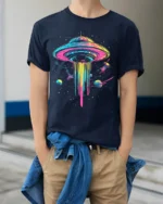 Neon UFO Space T-Shirt Psychedelic Galaxy Alien - model wearing navy shirt, hands in pockets