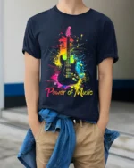 Power of Music Guitar T-Shirt Colorful Music Lover - model wearing navy shirt, hands in pockets
