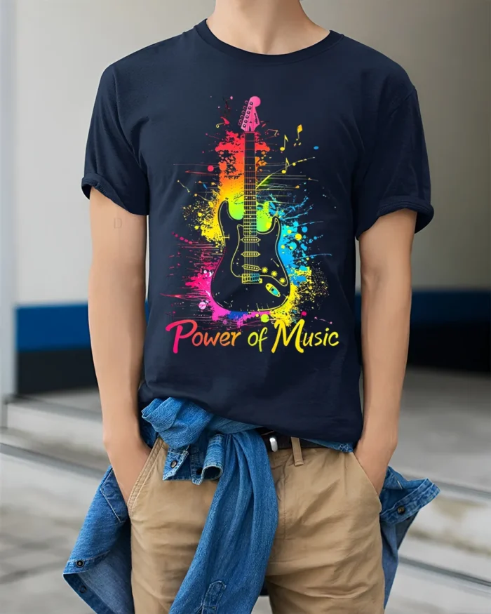 Power of Music Guitar T-Shirt Colorful Music Lover - model wearing navy shirt, hands in pockets