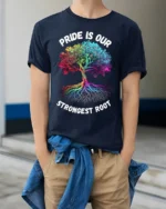 Pride Tree T-Shirt Strongest Root LGBTQ+ Unity - model wearing navy shirt, hands in pockets