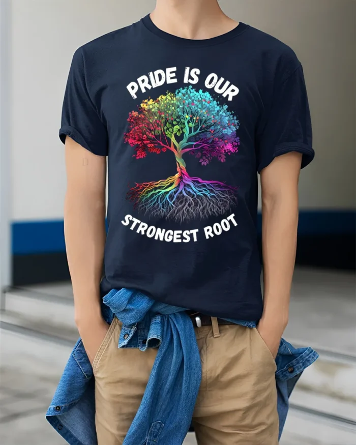 Pride Tree T-Shirt Strongest Root LGBTQ+ Unity - model wearing navy shirt, hands in pockets