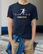 Wake Up Keep Going T-Shirt Motivational Runner - model wearing navy shirt, hands in pockets