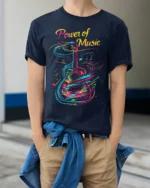 Colorful Guitar T-Shirt Power of Music Graphic - model wearing navy shirt, hands in pockets