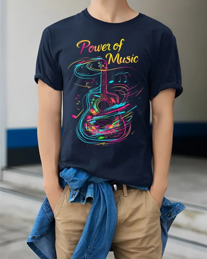 Colorful Guitar T-Shirt Power of Music Graphic - model wearing navy shirt, hands in pockets