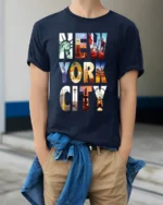 New York City T-Shirt NYC Skyline Graphic Travel - model wearing navy shirt, hands in pockets