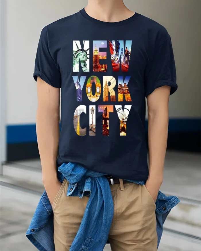 New York City T-Shirt NYC Skyline Graphic Travel - model wearing navy shirt, hands in pockets