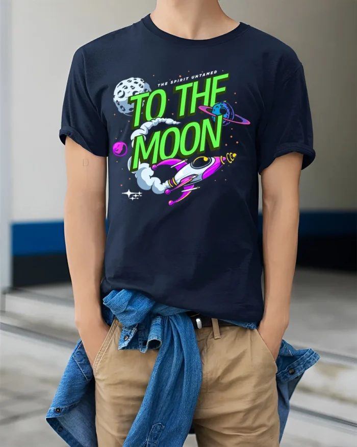 To The Moon T-Shirt Retro Space Rocket Graphic - model wearing navy shirt, hands in pockets