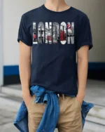 London City T-Shirt Iconic UK Landmarks Graphic - model wearing navy shirt, hands in pockets