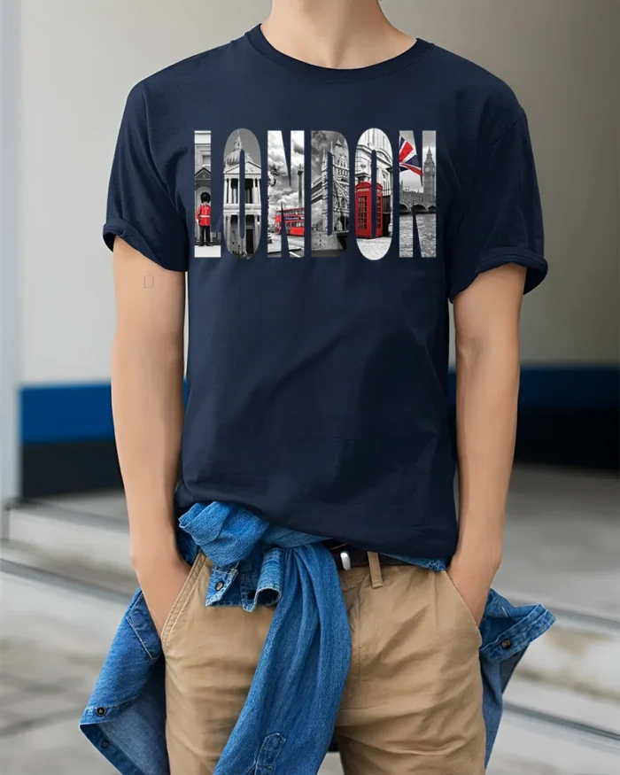 London City T-Shirt Iconic UK Landmarks Graphic - model wearing navy shirt, hands in pockets