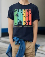 Say Hello to Summer T-Shirt Retro Beach Vibes - model wearing navy shirt, hands in pockets