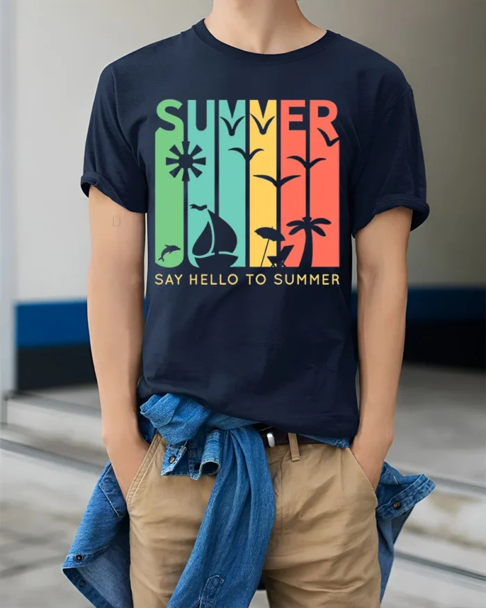 Say Hello to Summer T-Shirt Retro Beach Vibes - model wearing navy shirt, hands in pockets