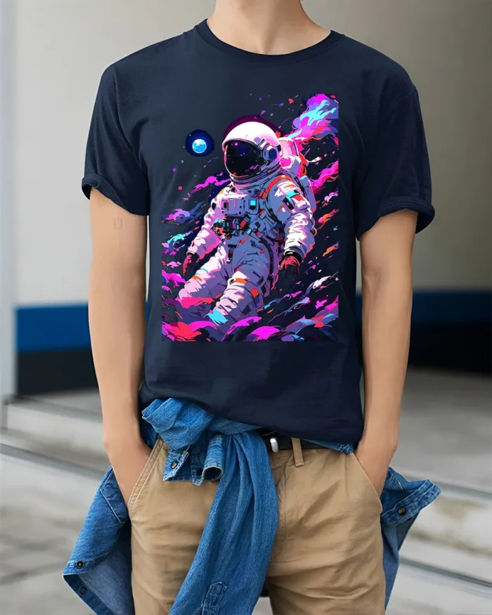 Astronaut Galaxy T-Shirt Neon Space Explorer Graphic - model wearing navy shirt, hands in pockets