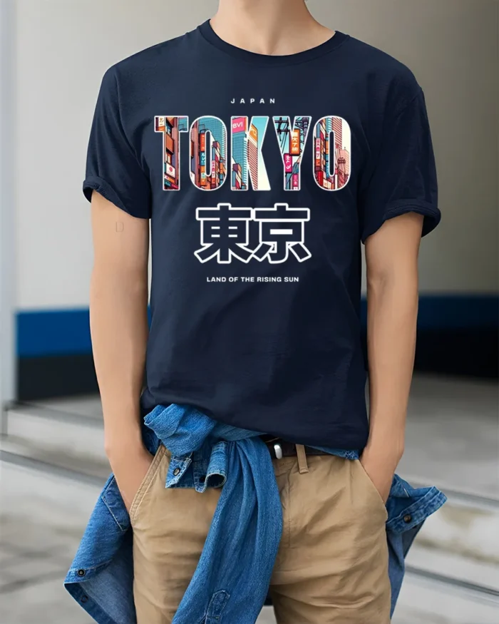 Tokyo Japan T-Shirt Neon City Skyline Graphic - model wearing navy shirt, hands in pockets