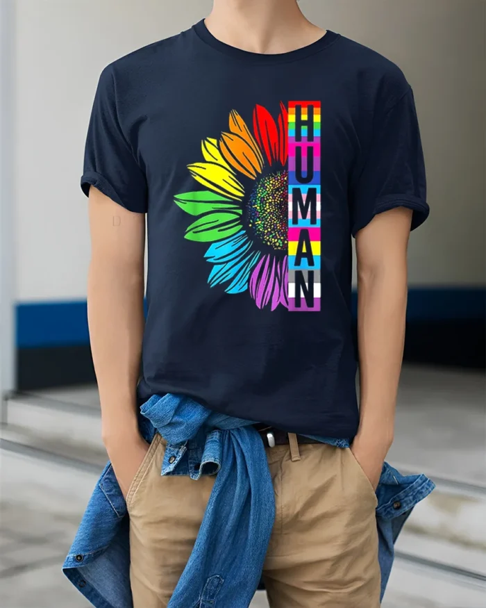 Human Pride T-Shirt Rainbow Sunflower LGBTQ+ Equality - model wearing navy shirt, hands in pockets