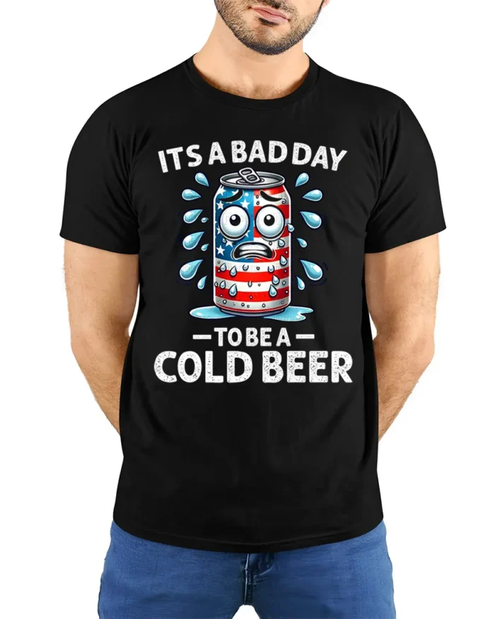 Funny Cold Beer T-Shirt It’s a Bad Day to Be a Can - model wearing black shirt, hands behind back