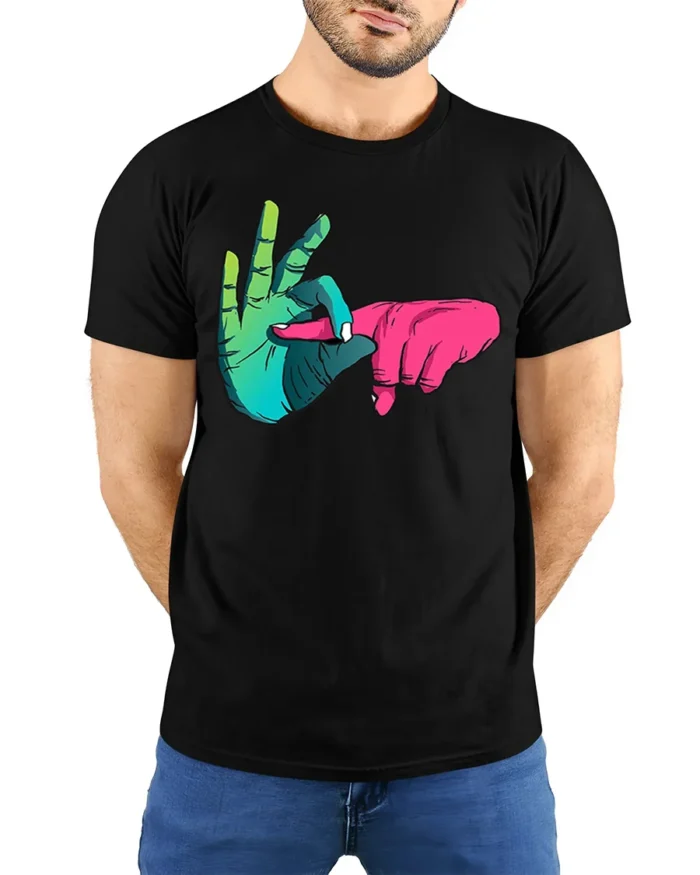 Colorful Hand Sign T-Shirt Cool Funky Graphic Streetwear - model wearing black shirt, hands behind back