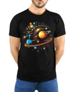 Solar System Vortex Galaxy Print T-Shirt Cosmic Cotton - model wearing black shirt, hands behind back