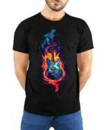 Electric Guitar on Fire Graphic T-Shirt Rock Music - model wearing black shirt, hands behind back