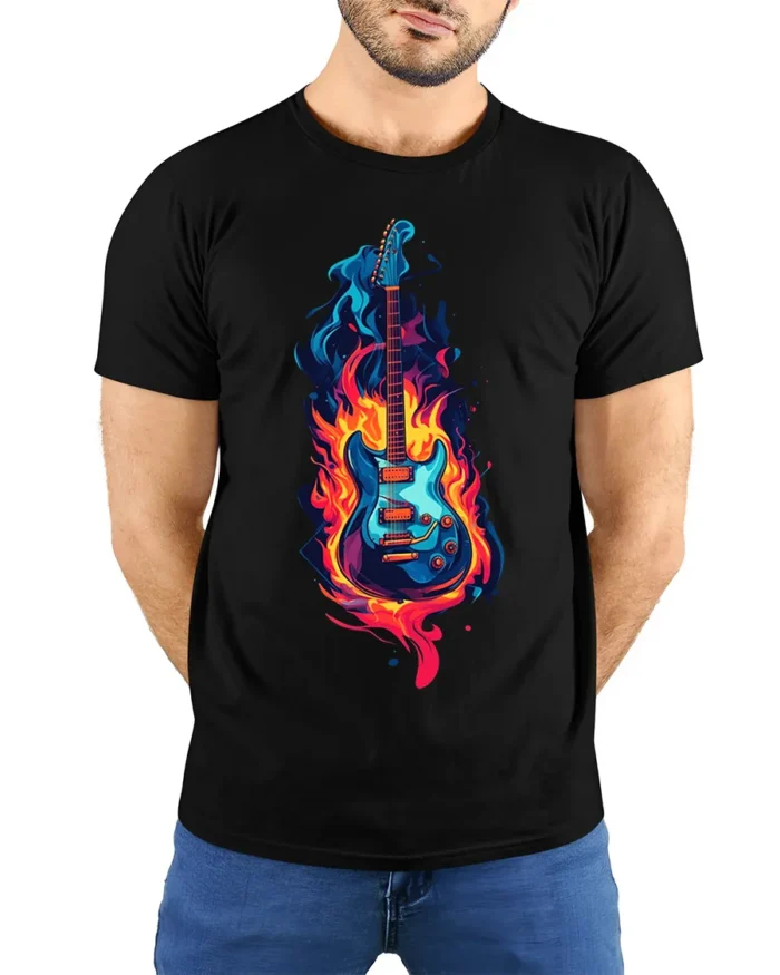Electric Guitar on Fire Graphic T-Shirt Rock Music - model wearing black shirt, hands behind back