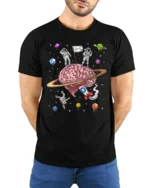 Astronaut Brain Space T-Shirt Explore the Mind Galaxy - model wearing black shirt, hands behind back