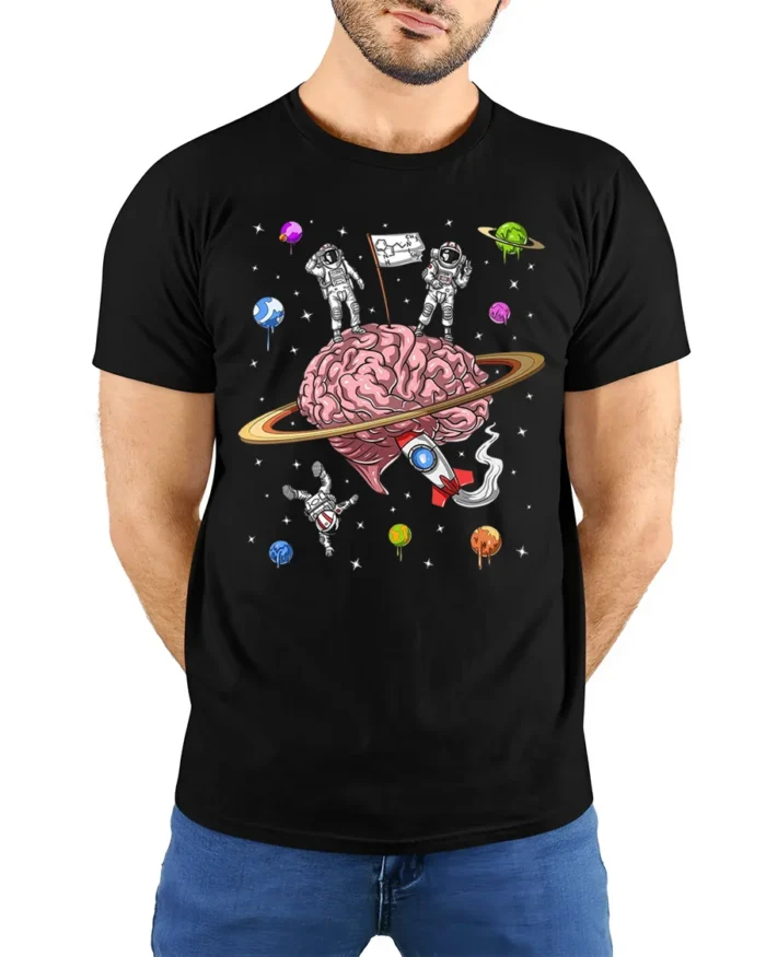 Astronaut Brain Space T-Shirt Explore the Mind Galaxy - model wearing black shirt, hands behind back
