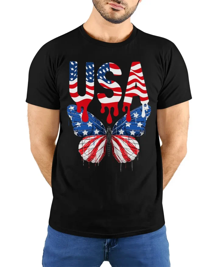USA Flag Butterfly T-Shirt Patriotic Red White Blue - model wearing black shirt, hands behind back