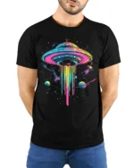 Neon UFO Space T-Shirt Psychedelic Galaxy Alien - model wearing black shirt, hands behind back