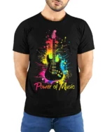 Power of Music Guitar T-Shirt Colorful Music Lover - model wearing black shirt, hands behind back
