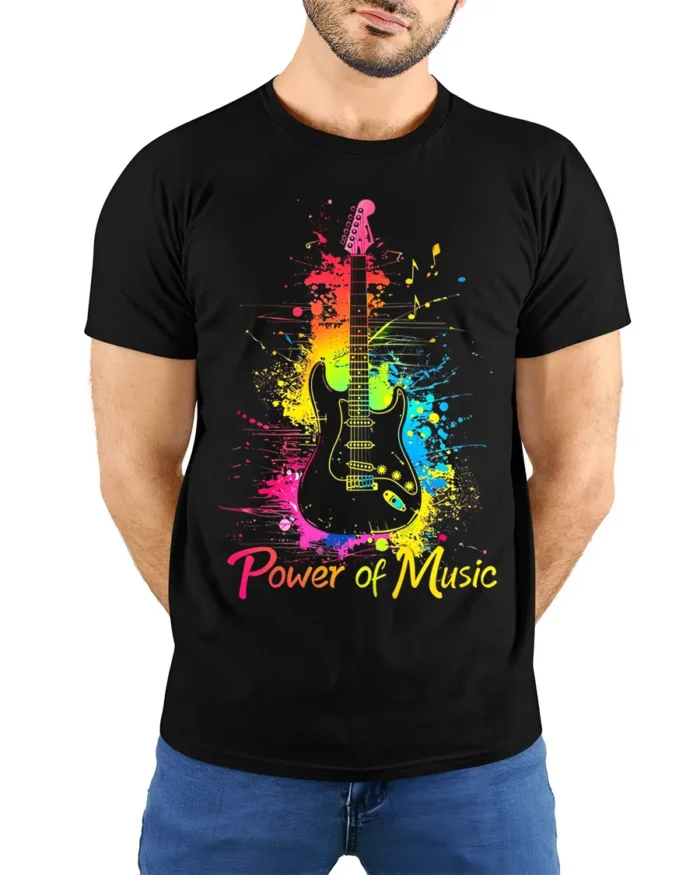 Power of Music Guitar T-Shirt Colorful Music Lover - model wearing black shirt, hands behind back
