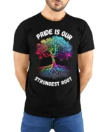 Pride Tree T-Shirt Strongest Root LGBTQ+ Unity - model wearing black shirt, hands behind back