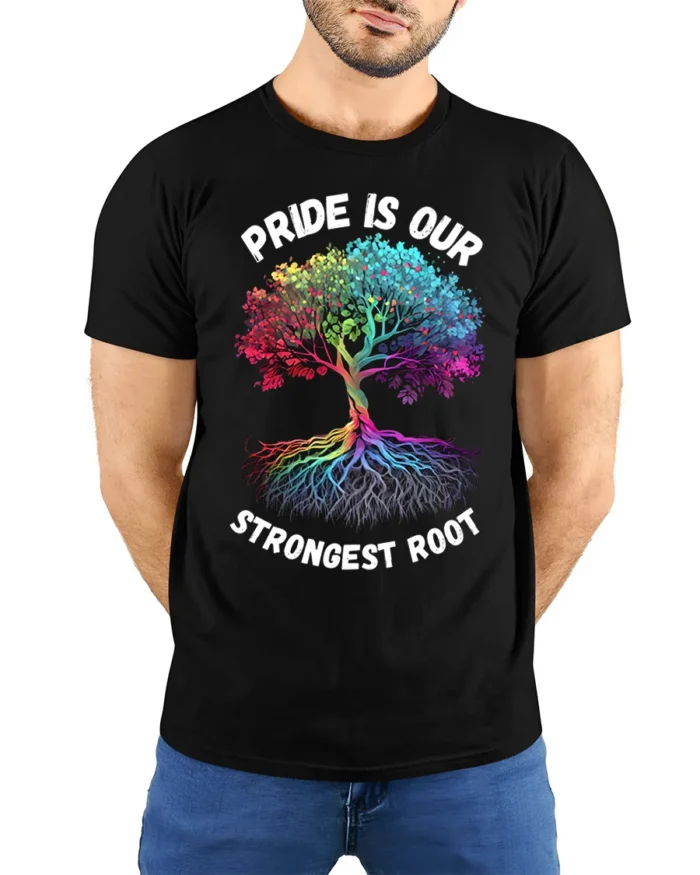 Pride Tree T-Shirt Strongest Root LGBTQ+ Unity - model wearing black shirt, hands behind back