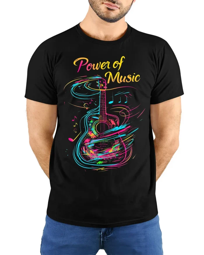 Colorful Guitar T-Shirt Power of Music Graphic - model wearing black shirt, hands behind back