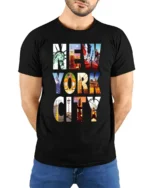 New York City T-Shirt NYC Skyline Graphic Travel - model wearing black shirt, hands behind back