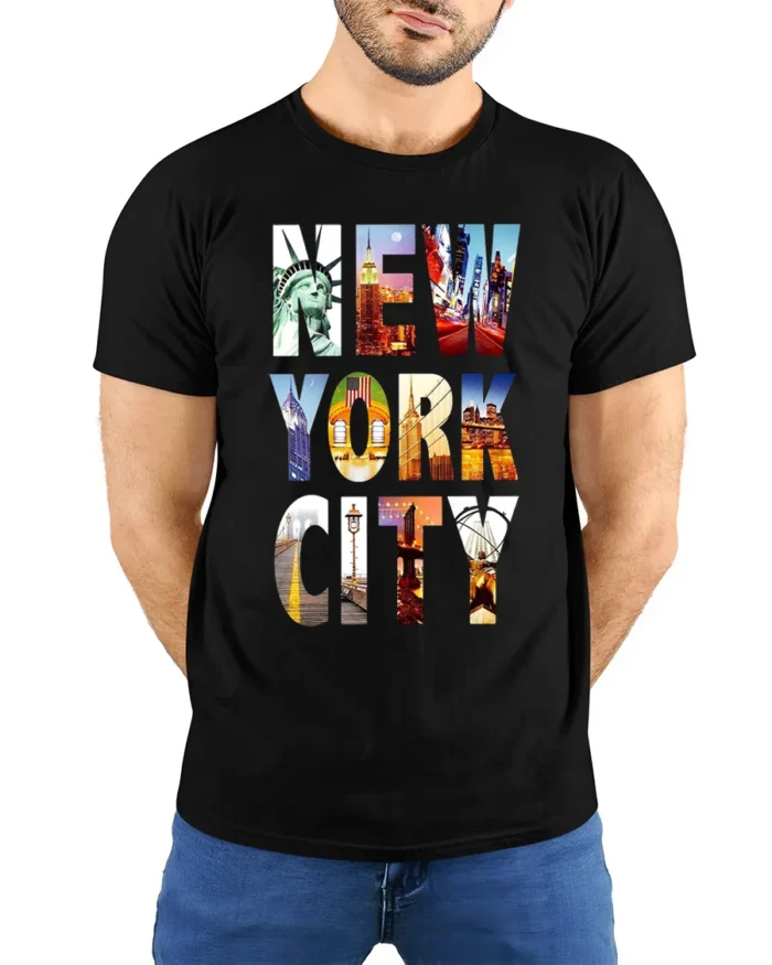 New York City T-Shirt NYC Skyline Graphic Travel - model wearing black shirt, hands behind back