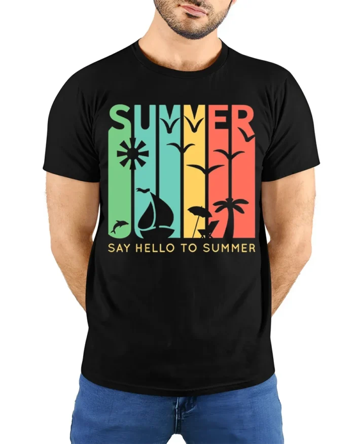 Say Hello to Summer T-Shirt Retro Beach Vibes - model wearing black shirt, hands behind back