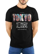 Tokyo Japan T-Shirt Neon City Skyline Graphic - model wearing black shirt, hands behind back