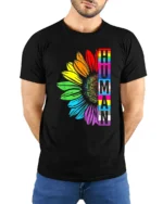 Human Pride T-Shirt Rainbow Sunflower LGBTQ+ Equality - model wearing black shirt, hands behind back
