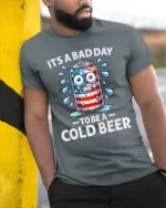 Funny Cold Beer T-Shirt It’s a Bad Day to Be a Can - model in grey shirt leaning against column