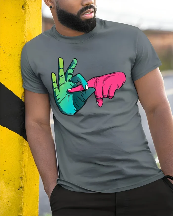 Colorful Hand Sign T-Shirt Cool Funky Graphic Streetwear - model in grey shirt leaning against column