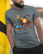 Solar System Vortex Galaxy Print T-Shirt Cosmic Cotton - model in grey shirt leaning against column
