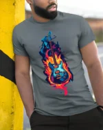 Electric Guitar on Fire Graphic T-Shirt Rock Music - model in grey shirt leaning against column