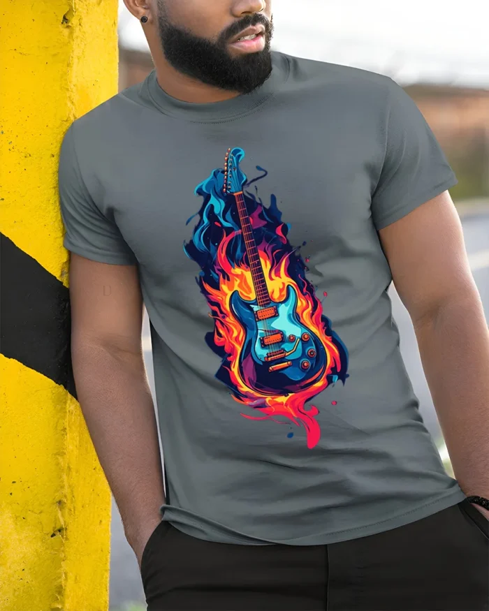 Electric Guitar on Fire Graphic T-Shirt Rock Music - model in grey shirt leaning against column
