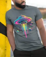 Neon UFO Space T-Shirt Psychedelic Galaxy Alien - model in grey shirt leaning against column