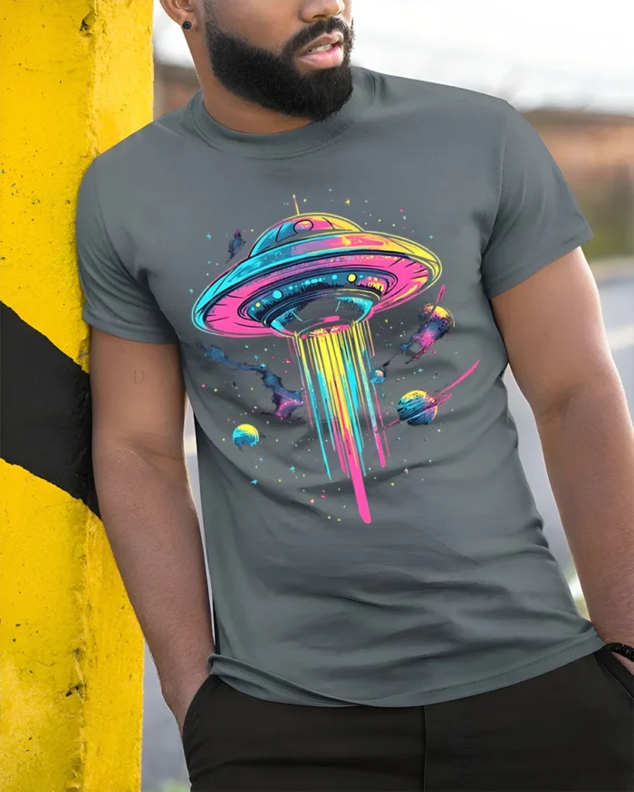Neon UFO Space T-Shirt Psychedelic Galaxy Alien - model in grey shirt leaning against column