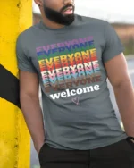 Everyone Welcome T-Shirt Inclusive Pride Equality - model in grey shirt leaning against column