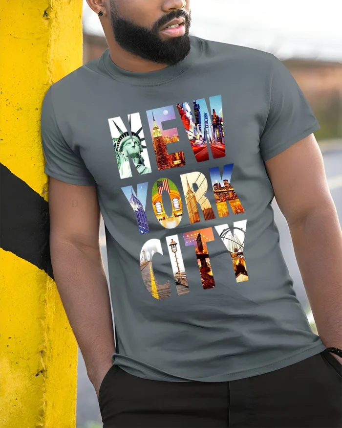 New York City T-Shirt NYC Skyline Graphic Travel - model in grey shirt leaning against column