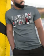 London City T-Shirt Iconic UK Landmarks Graphic - model in grey shirt leaning against column